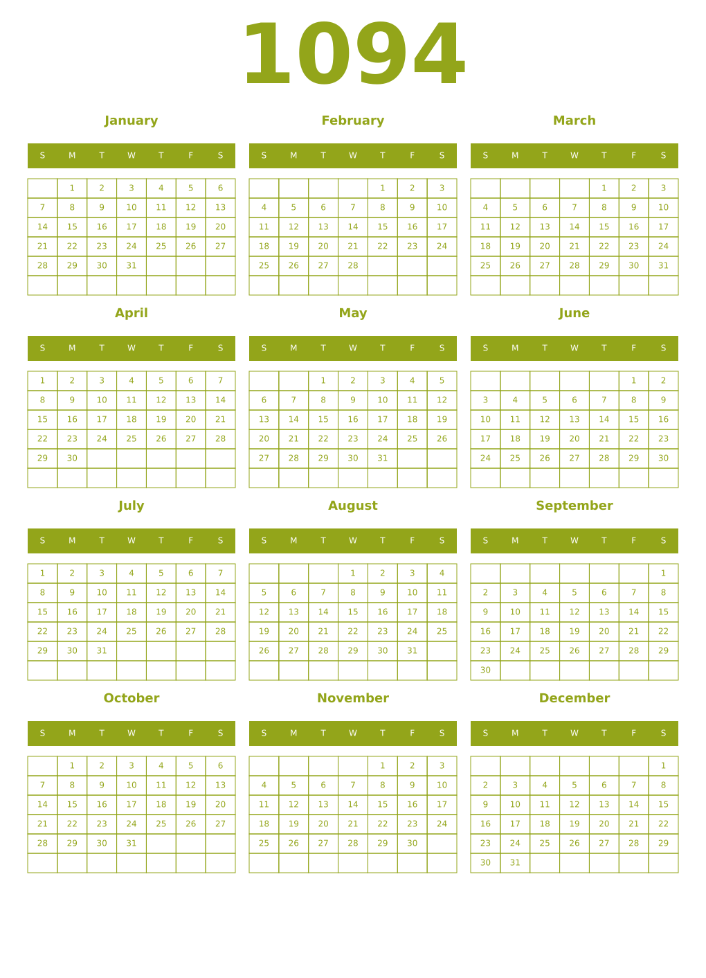 Printable 1094 Year Calendars chartreuse