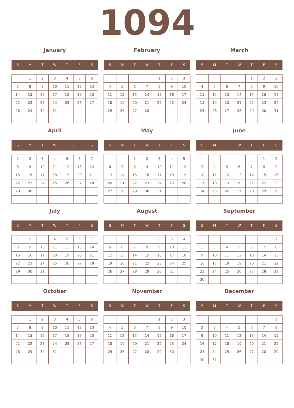 Printable 1094 Year Calendars coffe