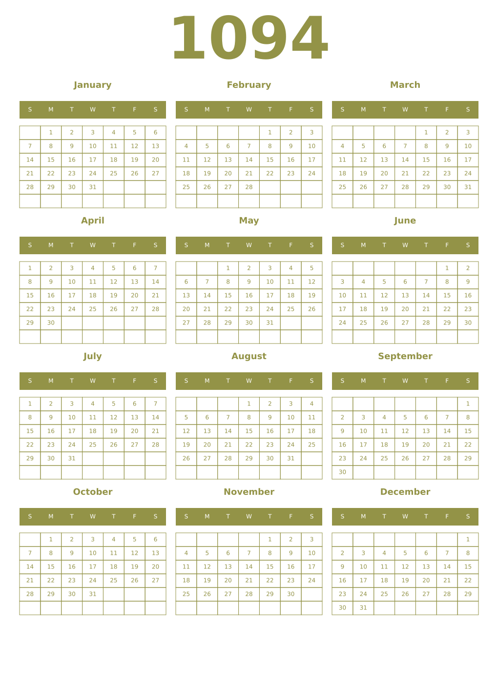Printable 1094 Year Calendars eburnean