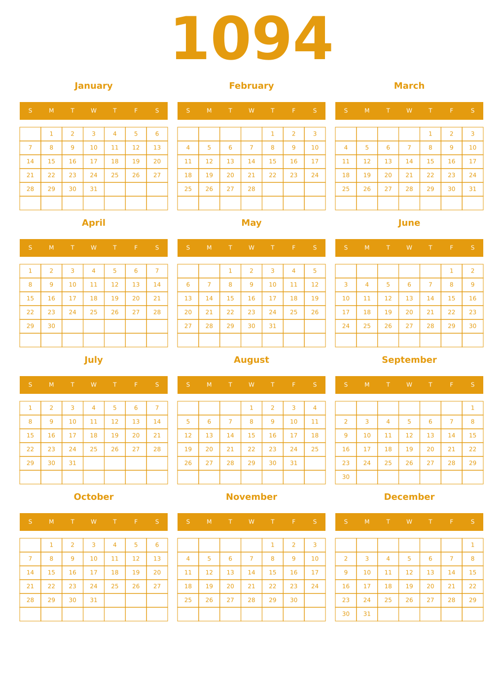 Printable 1094 Year Calendars gamboge