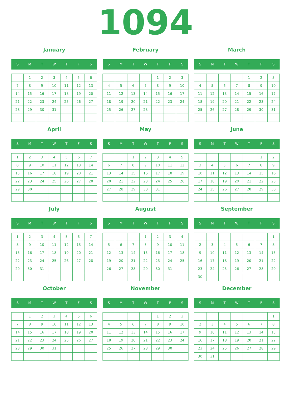 Printable 1094 Year Calendars green