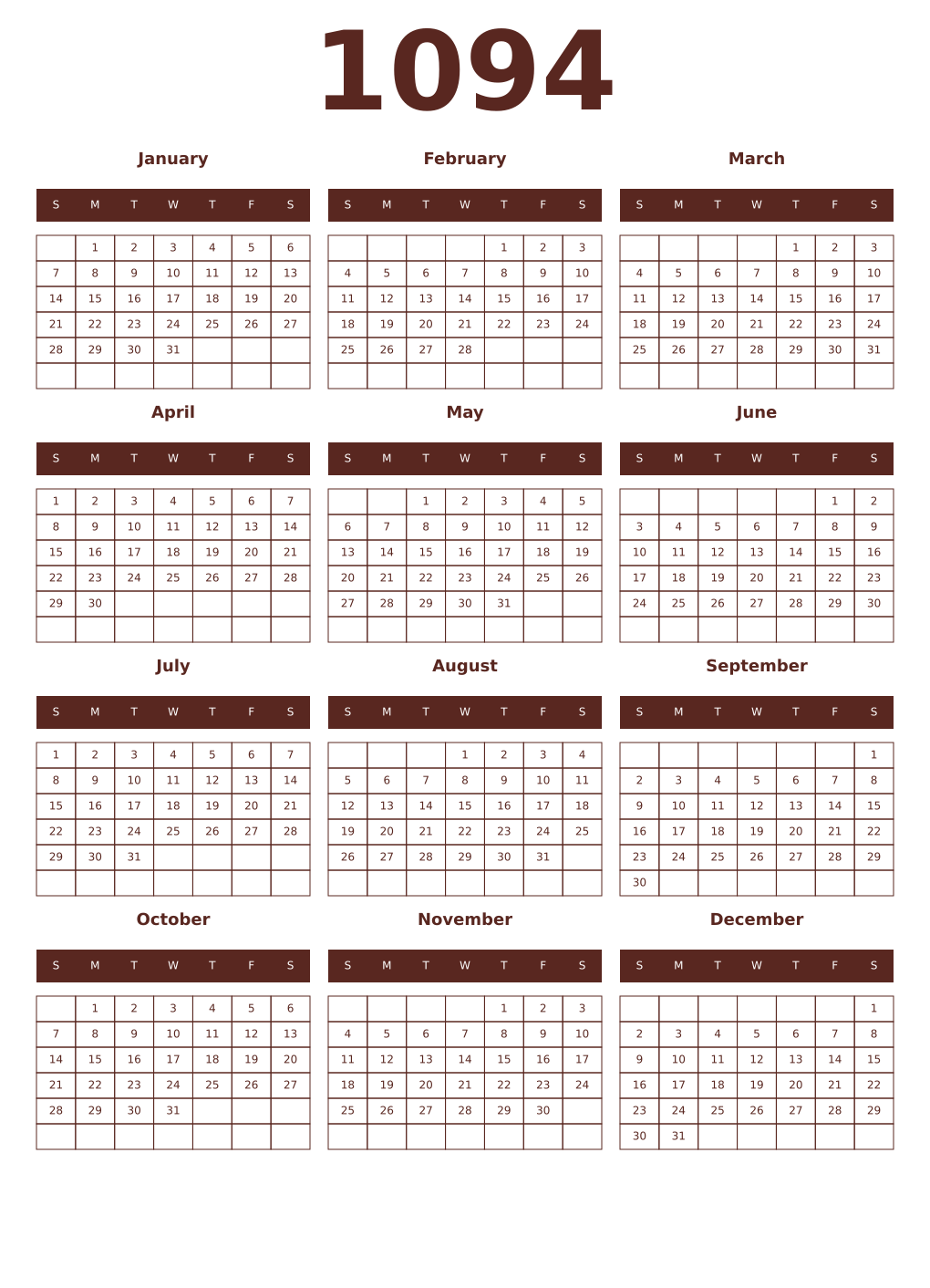 Printable 1094 Year Calendars mortuum