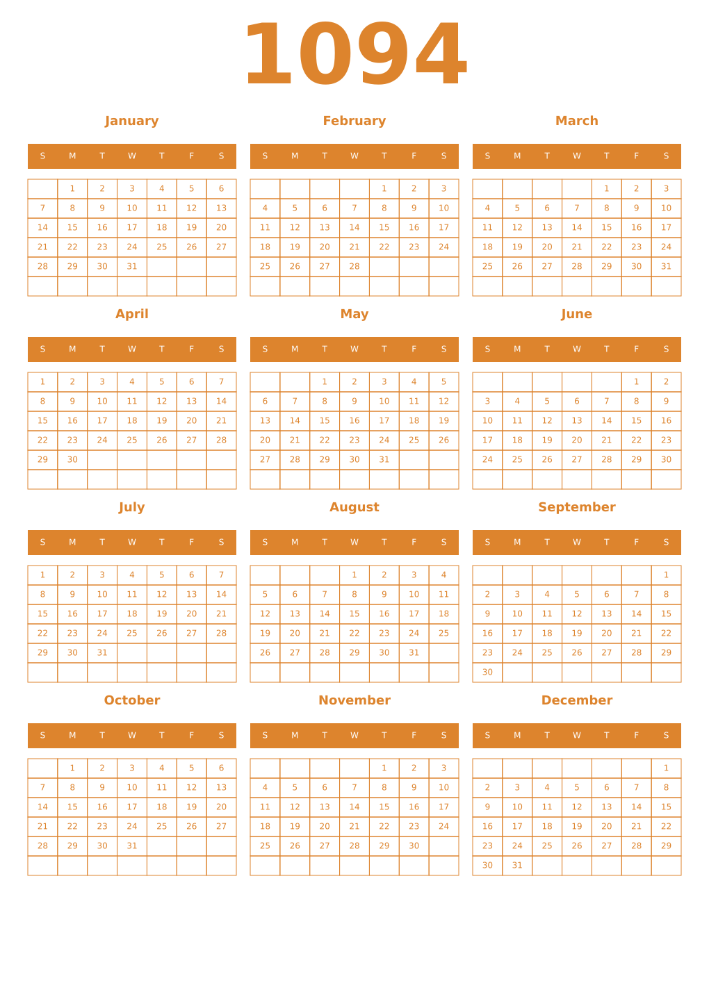 Printable 1094 Year Calendars orange