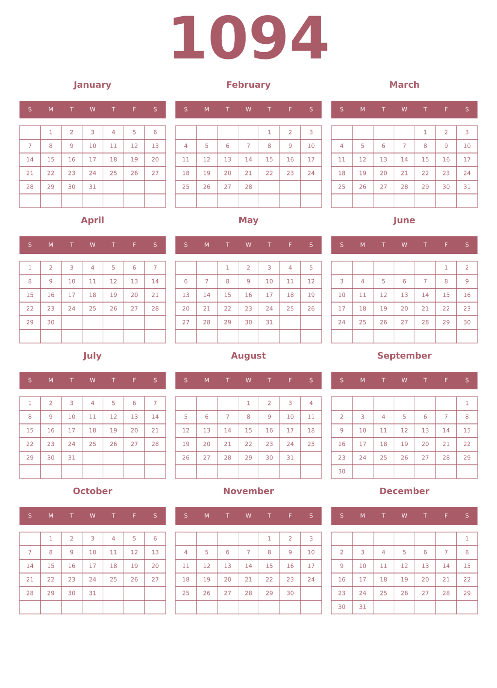 Printable 1094 Year Calendars puce