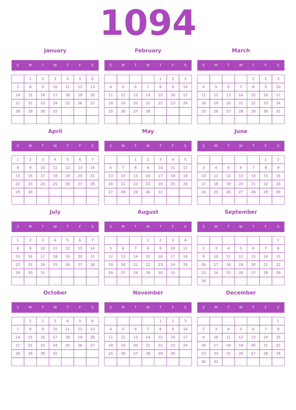 Printable 1094 Year Calendars purple