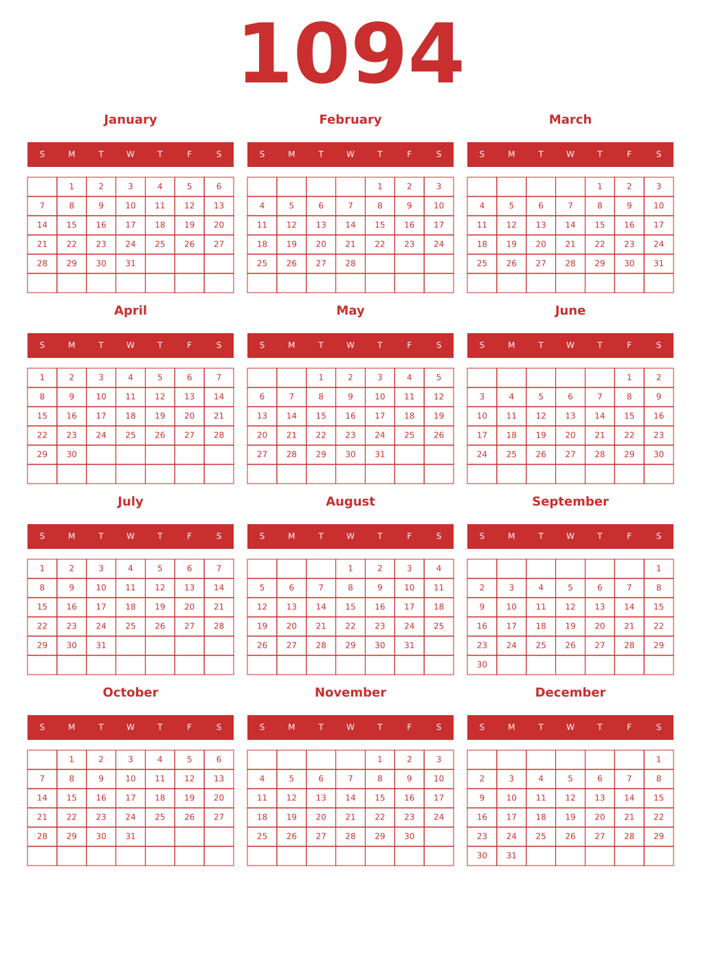 Printable 1094 Year Calendars red
