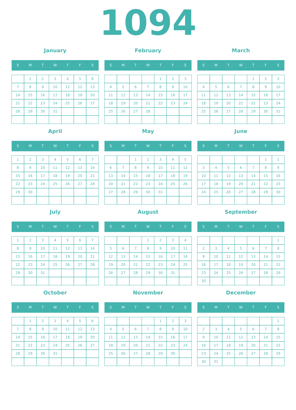 Printable 1094 Year Calendars verdigris