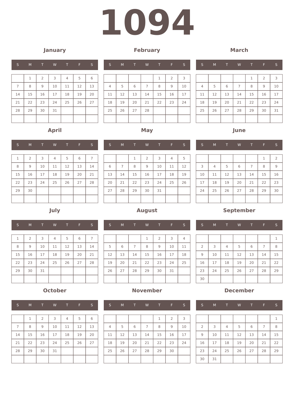 Printable 1094 Year Calendars wenge