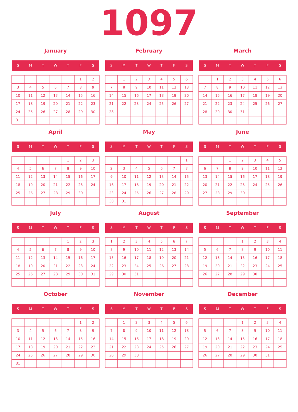 Printable 1097 Year Calendars amaranth