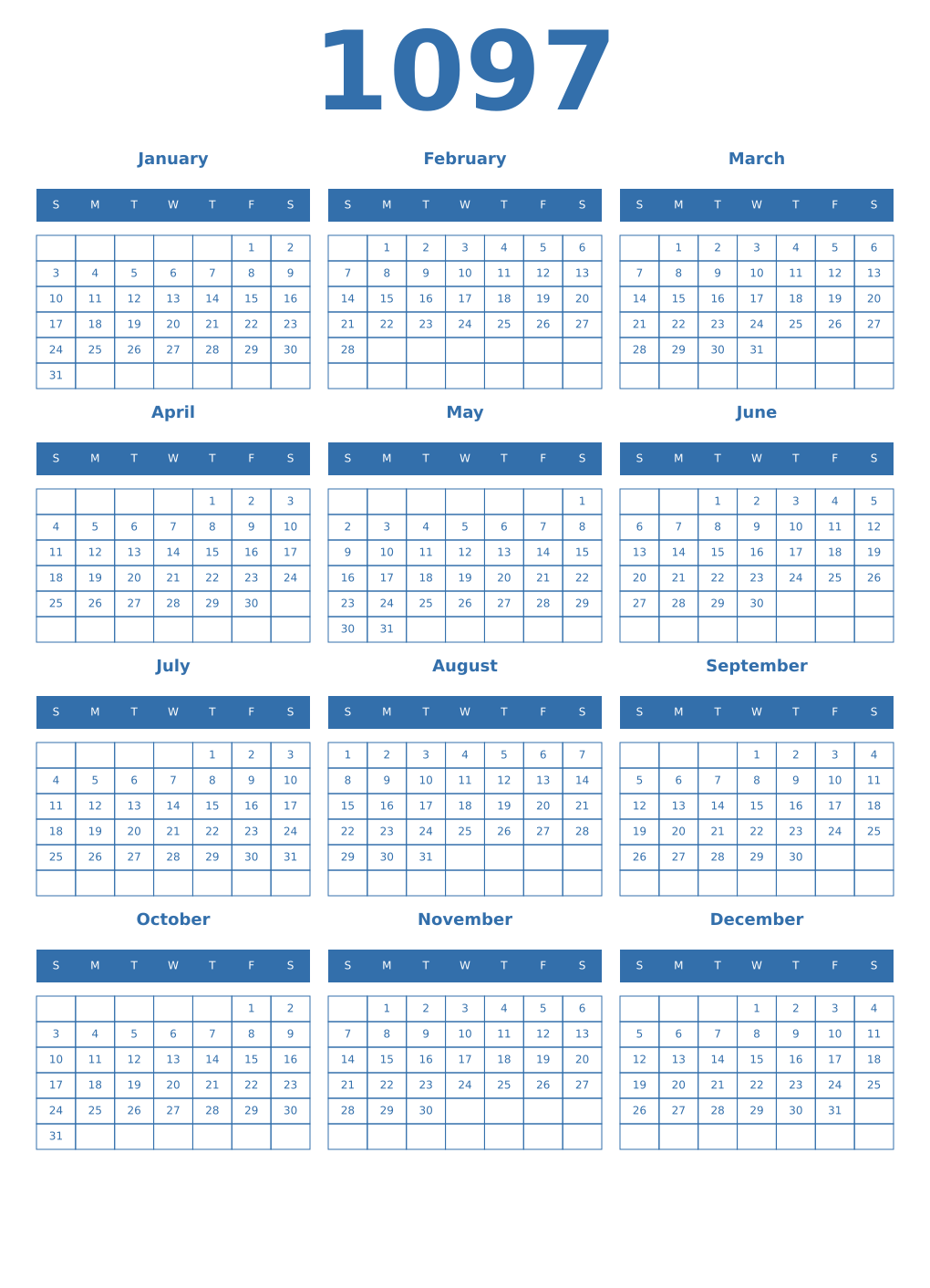 Printable 1097 Year Calendars blue