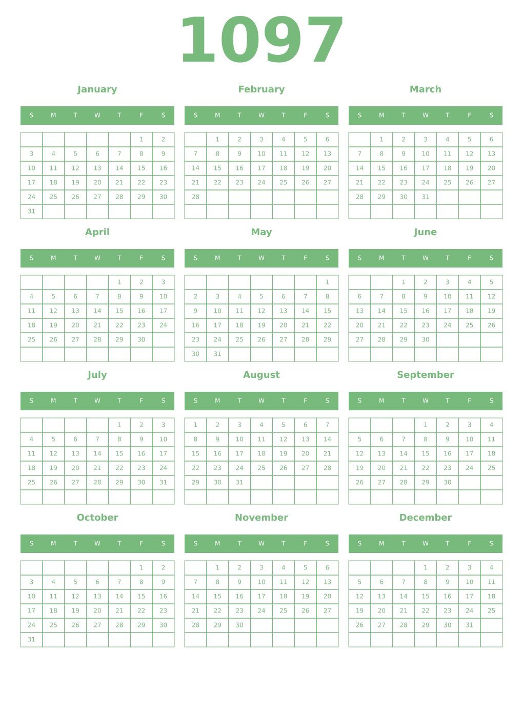 Printable 1097 Year Calendars celadon