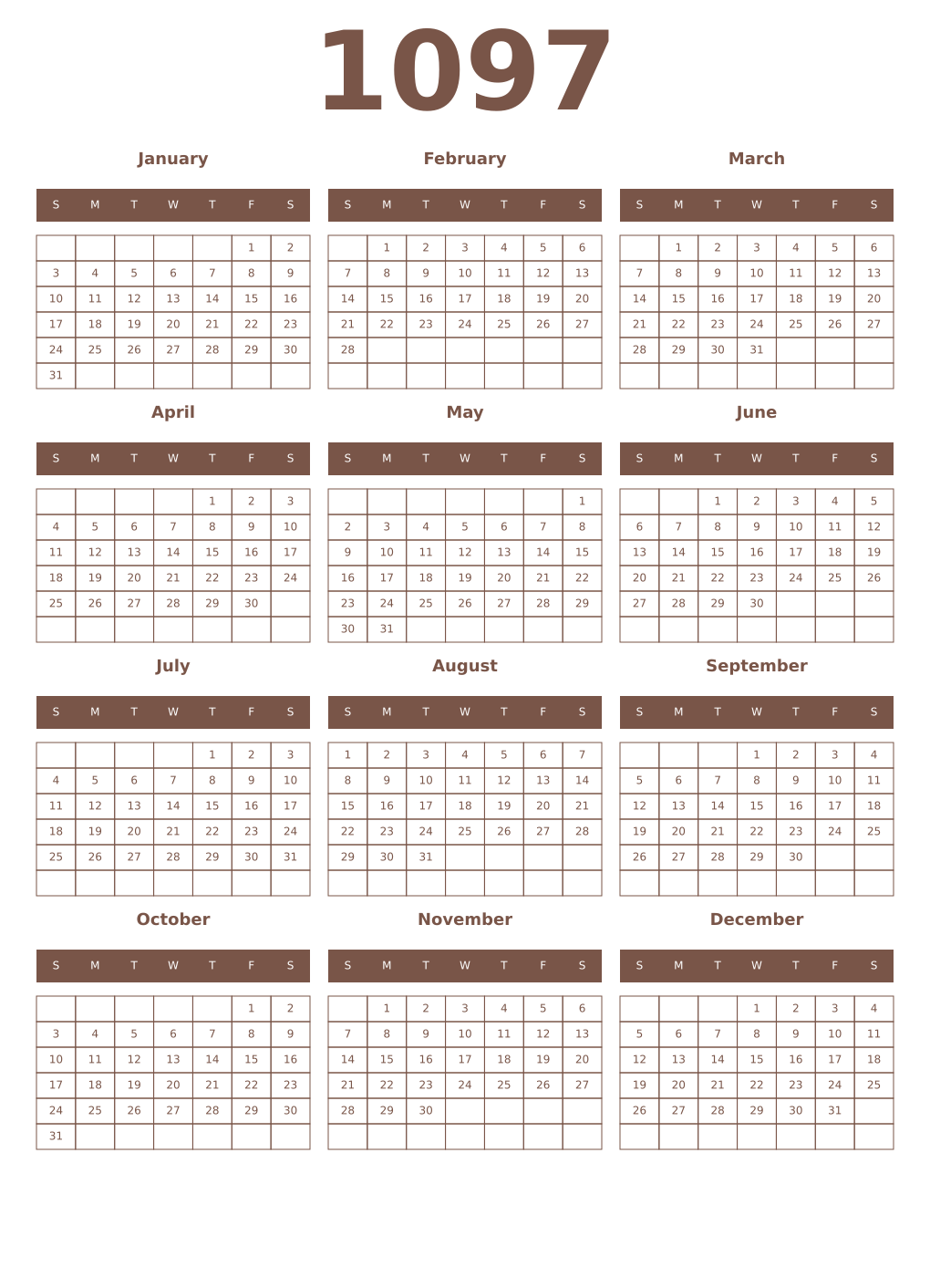 Printable 1097 Year Calendars coffe