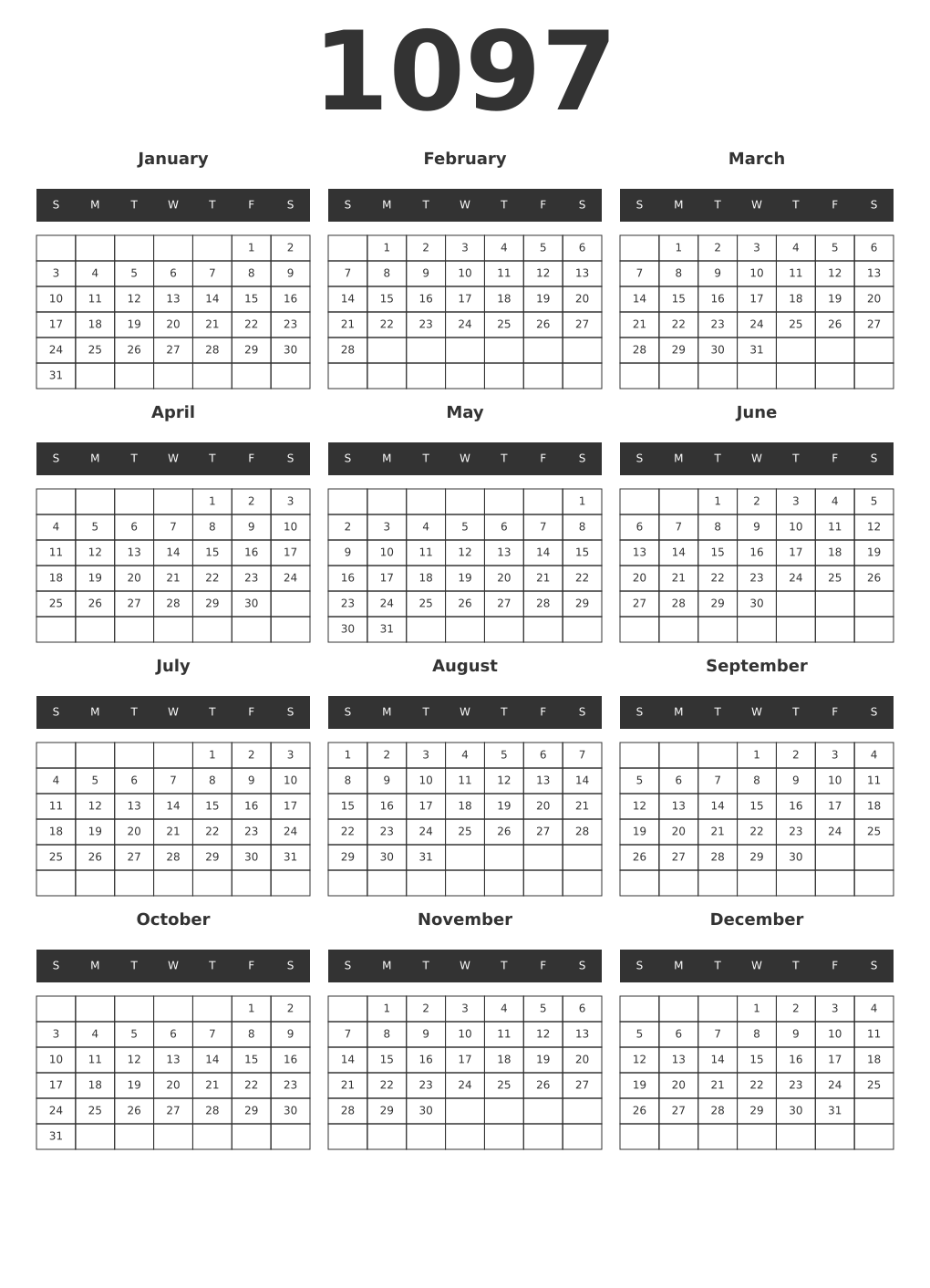 Printable 1097 Year Calendars dark