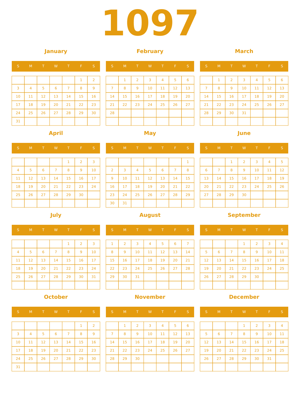 Printable 1097 Year Calendars gamboge