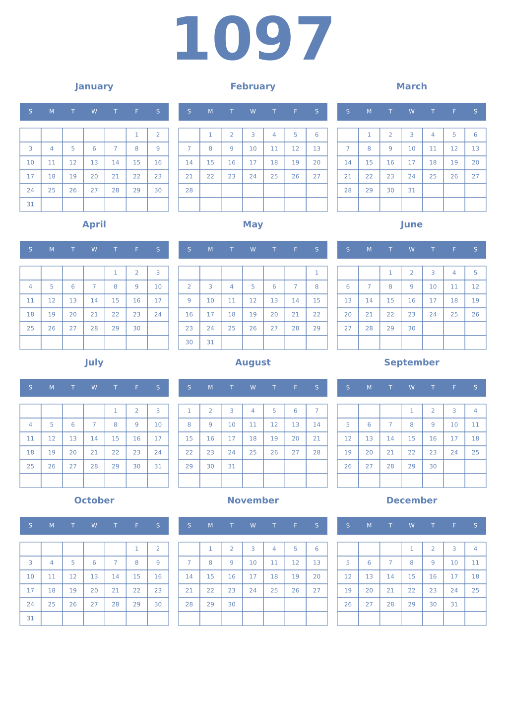Printable 1097 Year Calendars glaucous