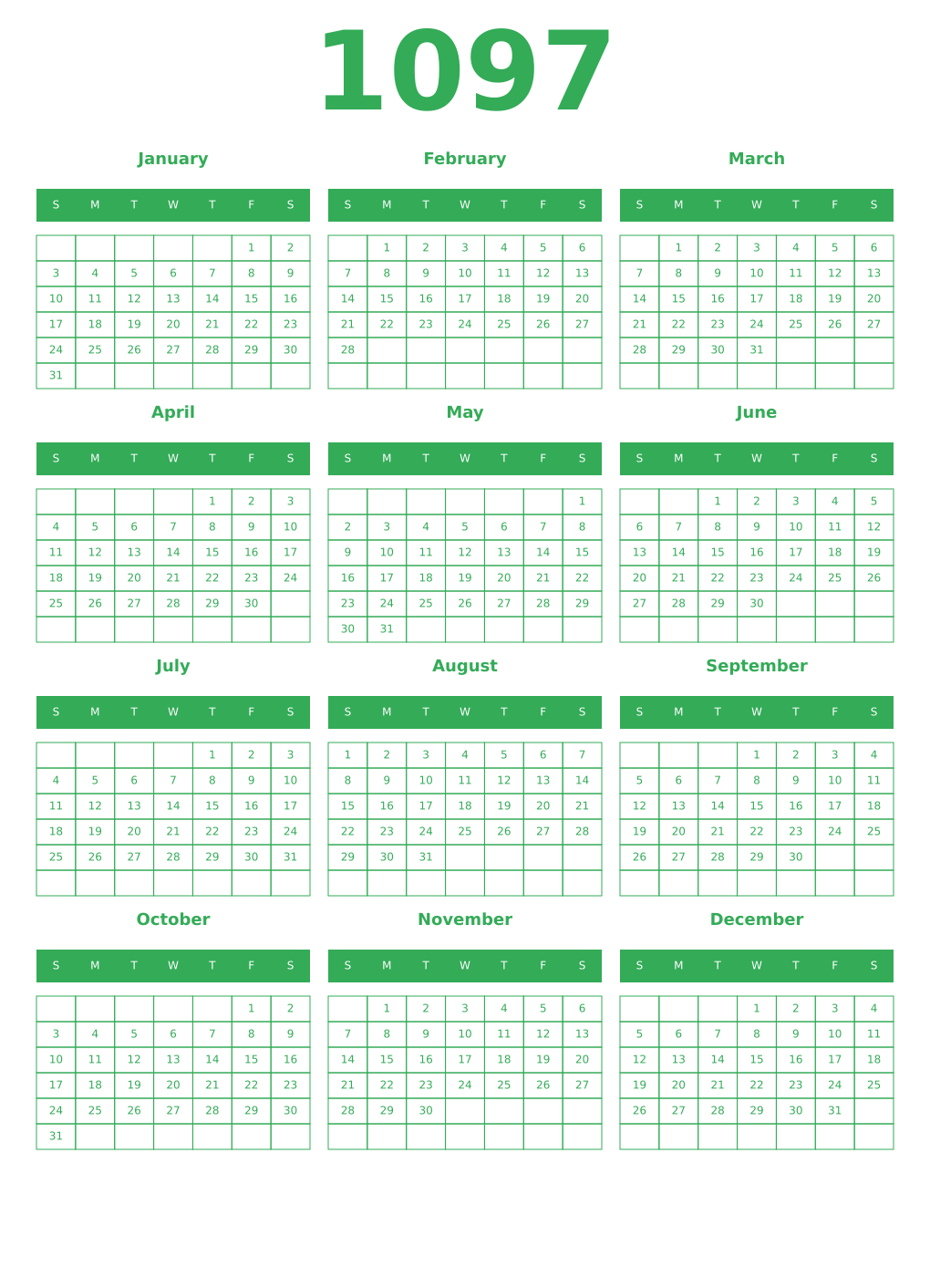 Printable 1097 Year Calendars green