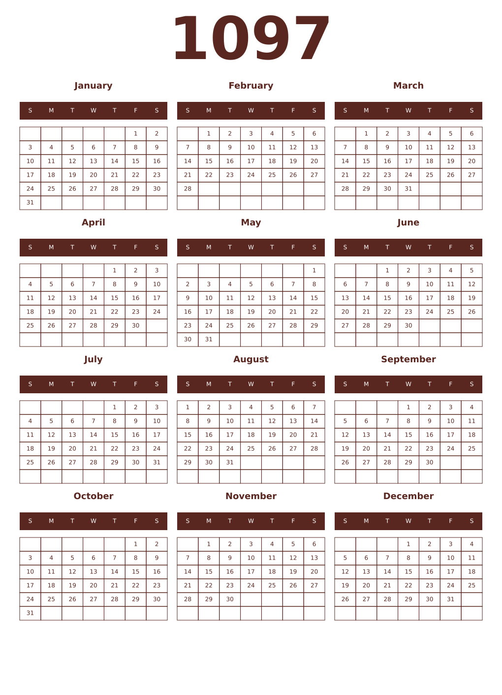 Printable 1097 Year Calendars mortuum