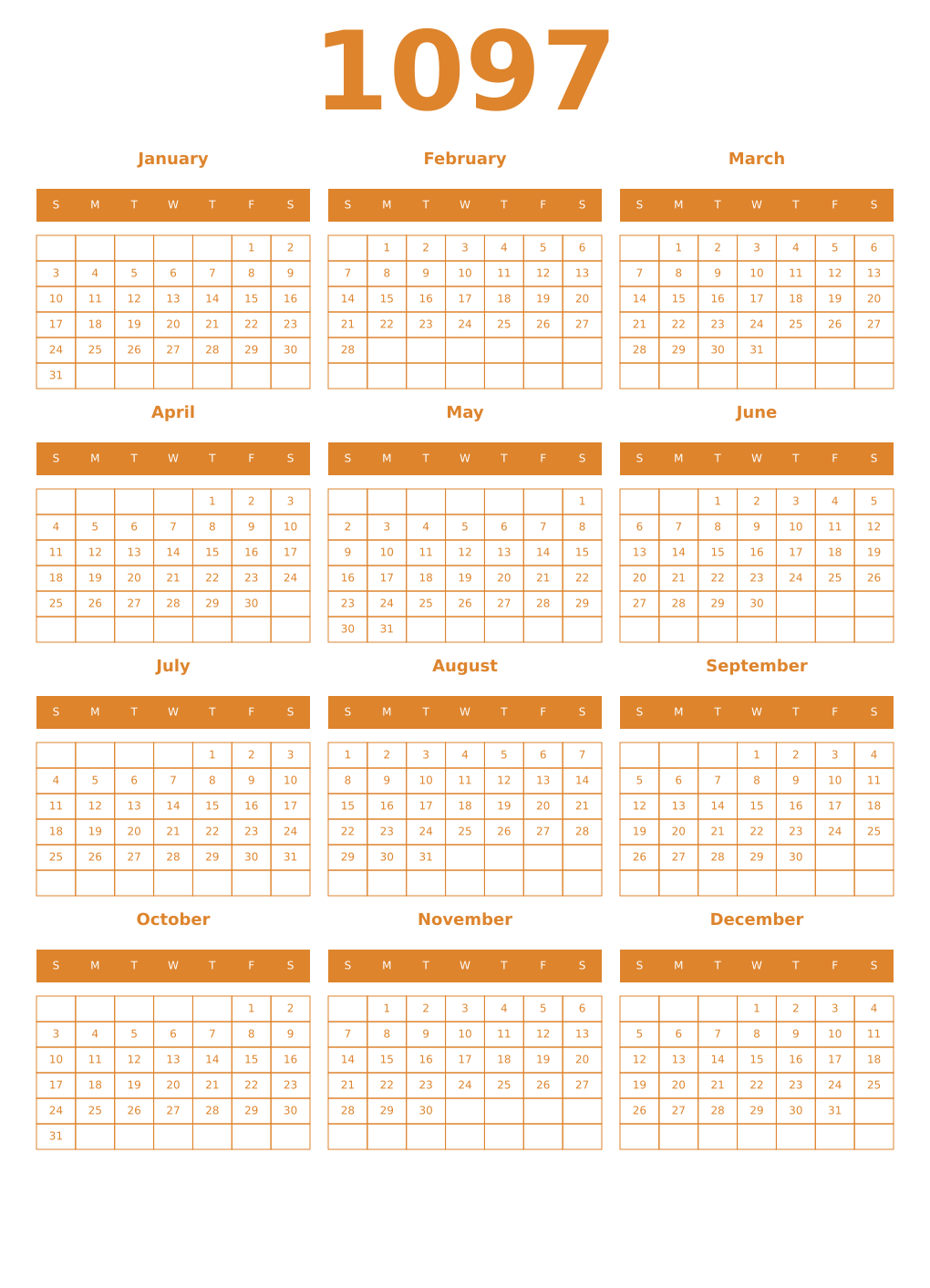 Printable 1097 Year Calendars orange