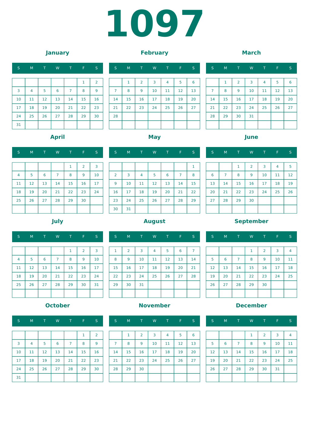 Printable 1097 Year Calendars pastel