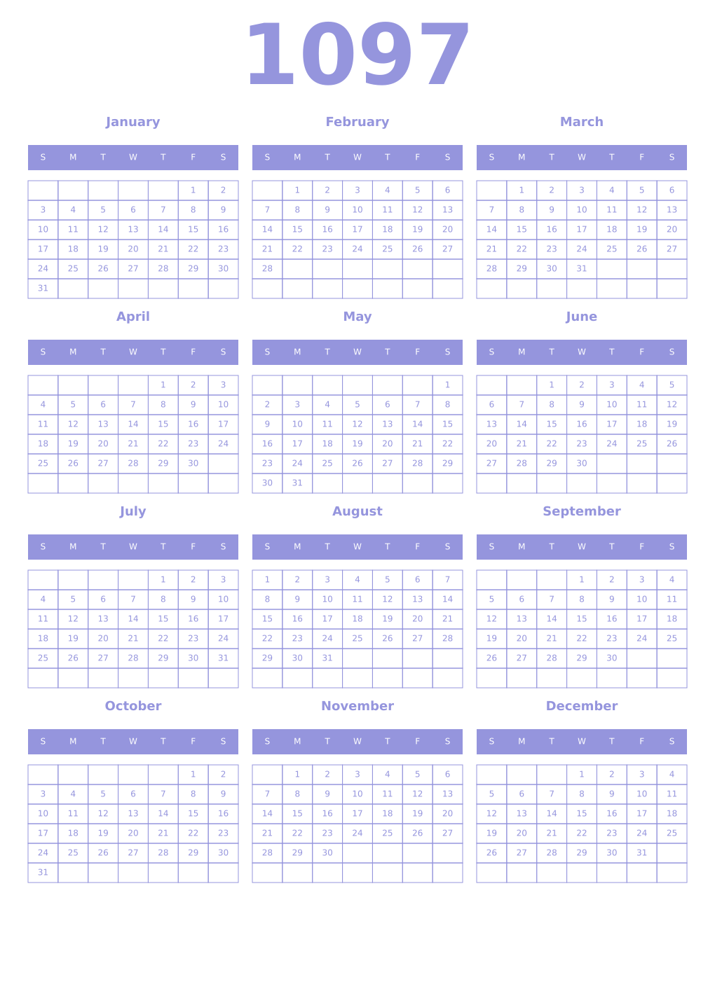 Printable 1097 Year Calendars periwinkle
