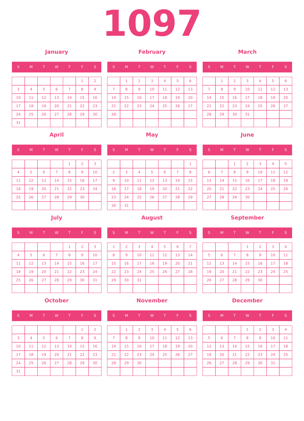 Printable 1097 Year Calendars pink