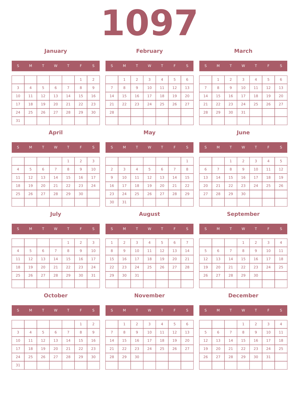 Printable 1097 Year Calendars puce