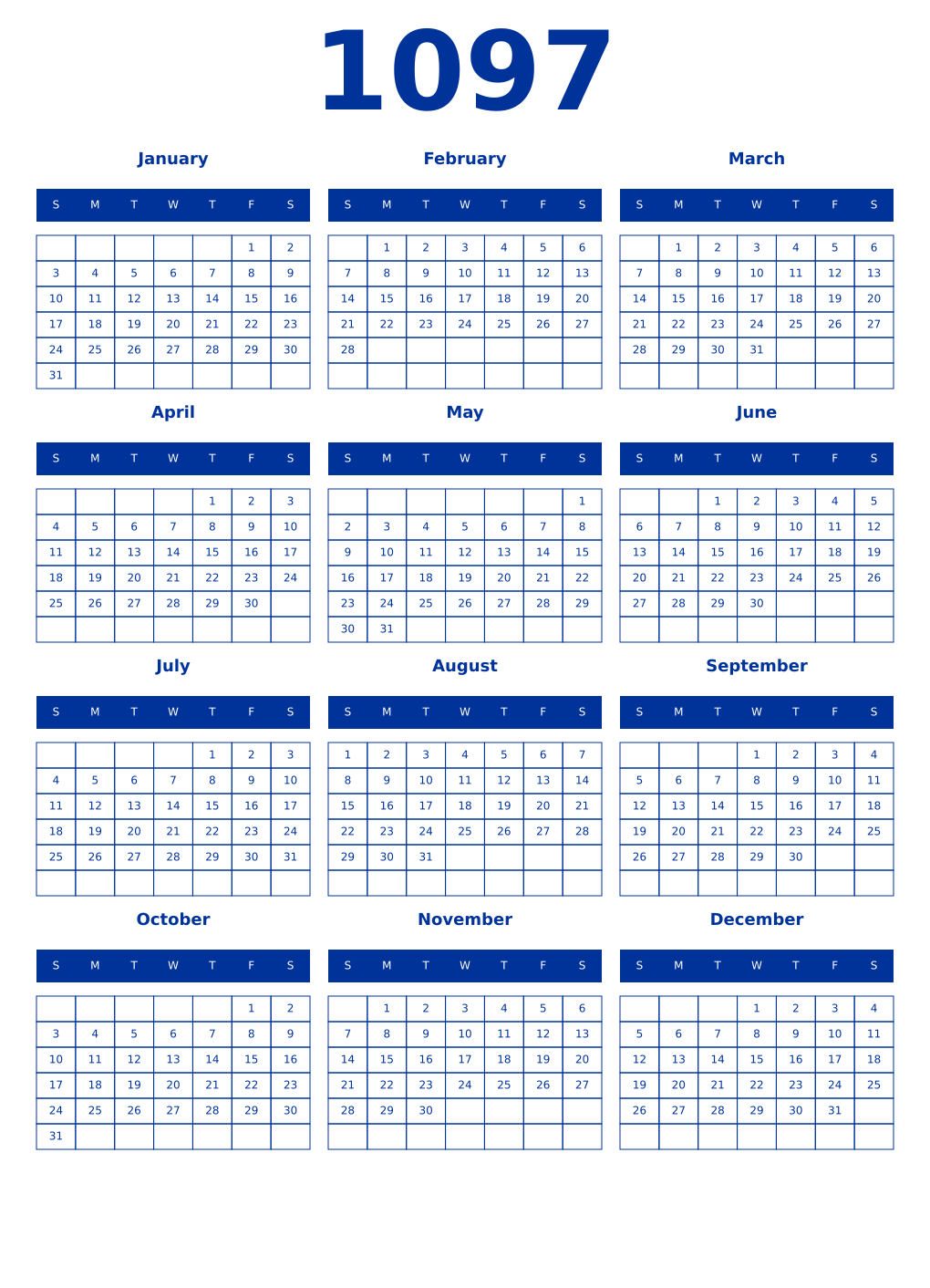 Printable 1097 Year Calendars smalt