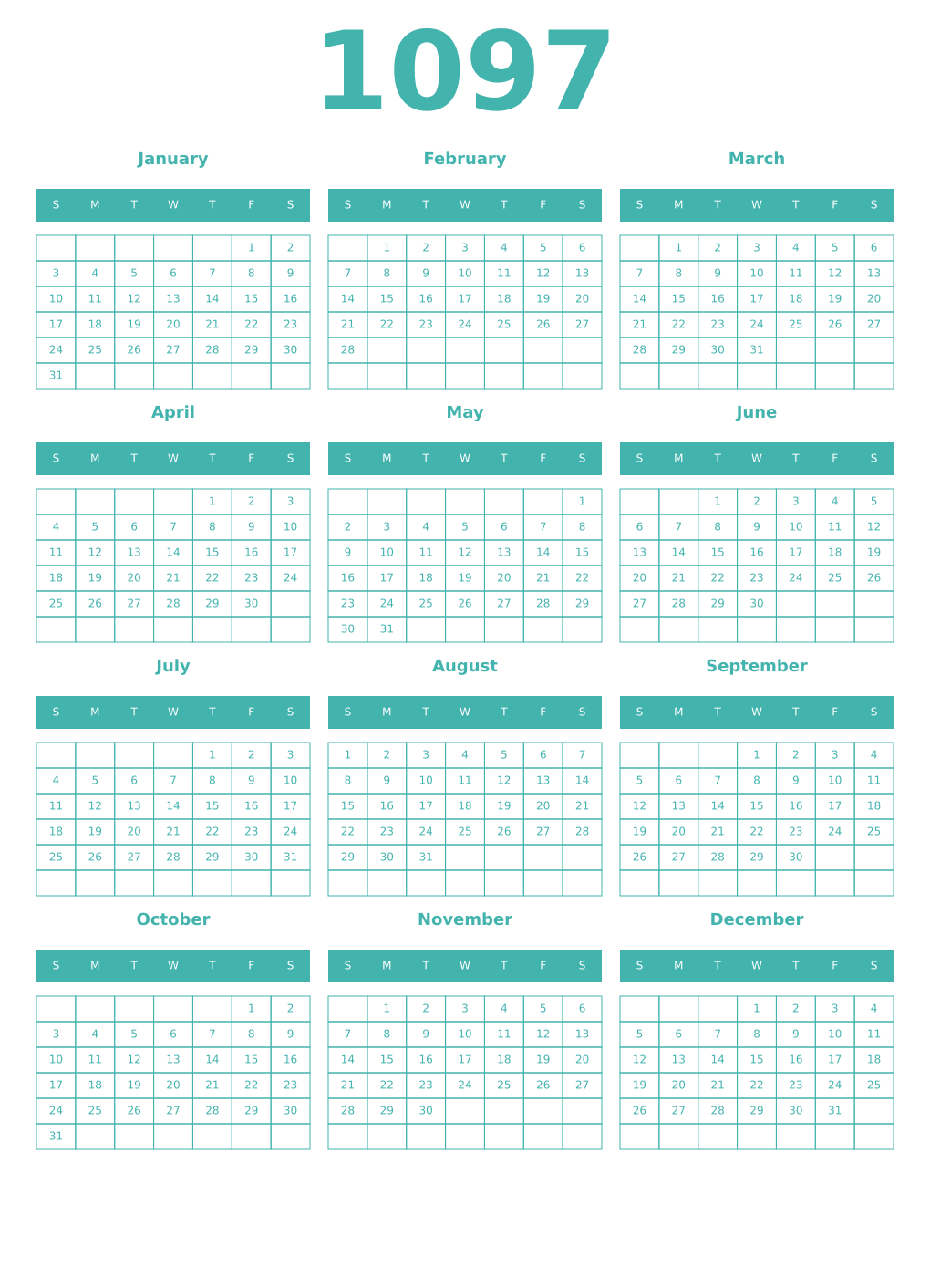 Printable 1097 Year Calendars verdigris