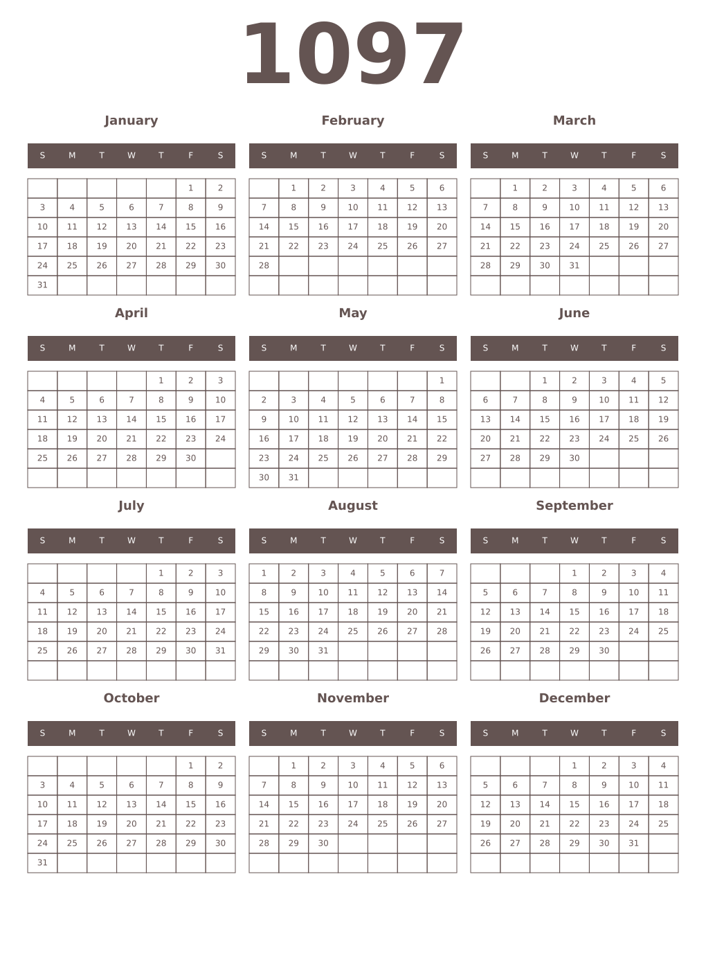 Printable 1097 Year Calendars wenge