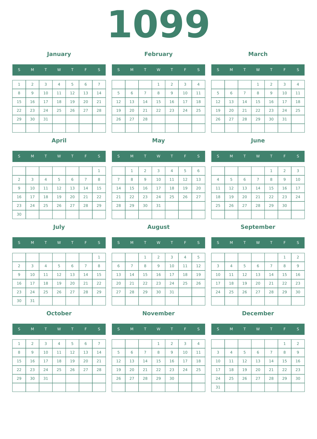 Printable 1099 Year Calendars viridian