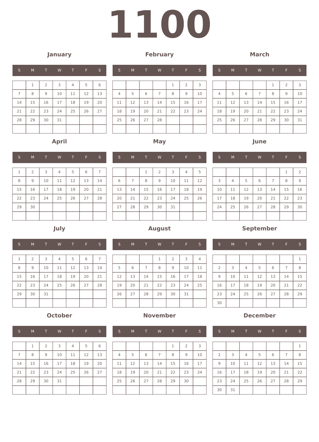 Printable 1100 Year Calendars wenge