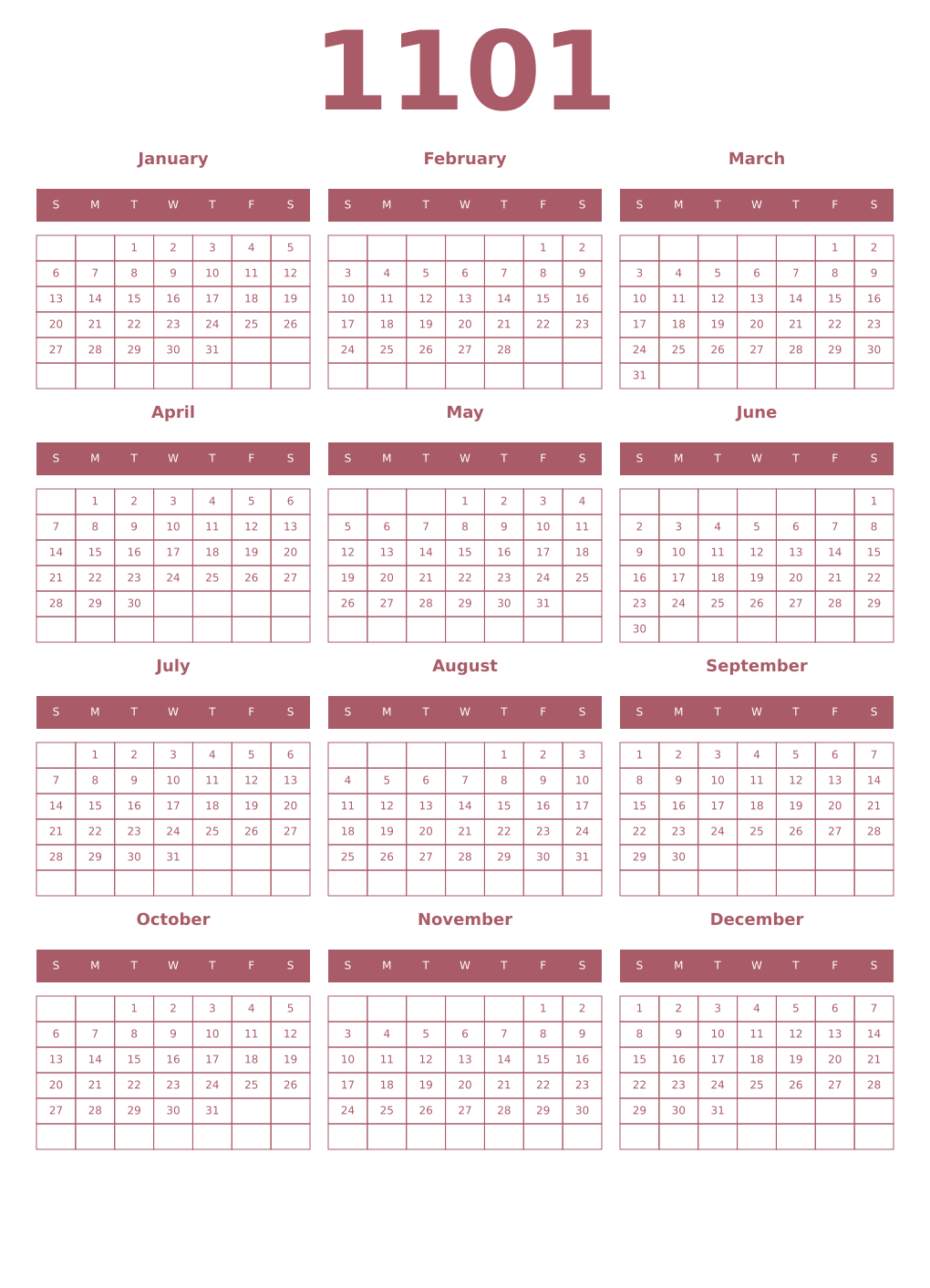 Printable 1101 Year Calendars puce