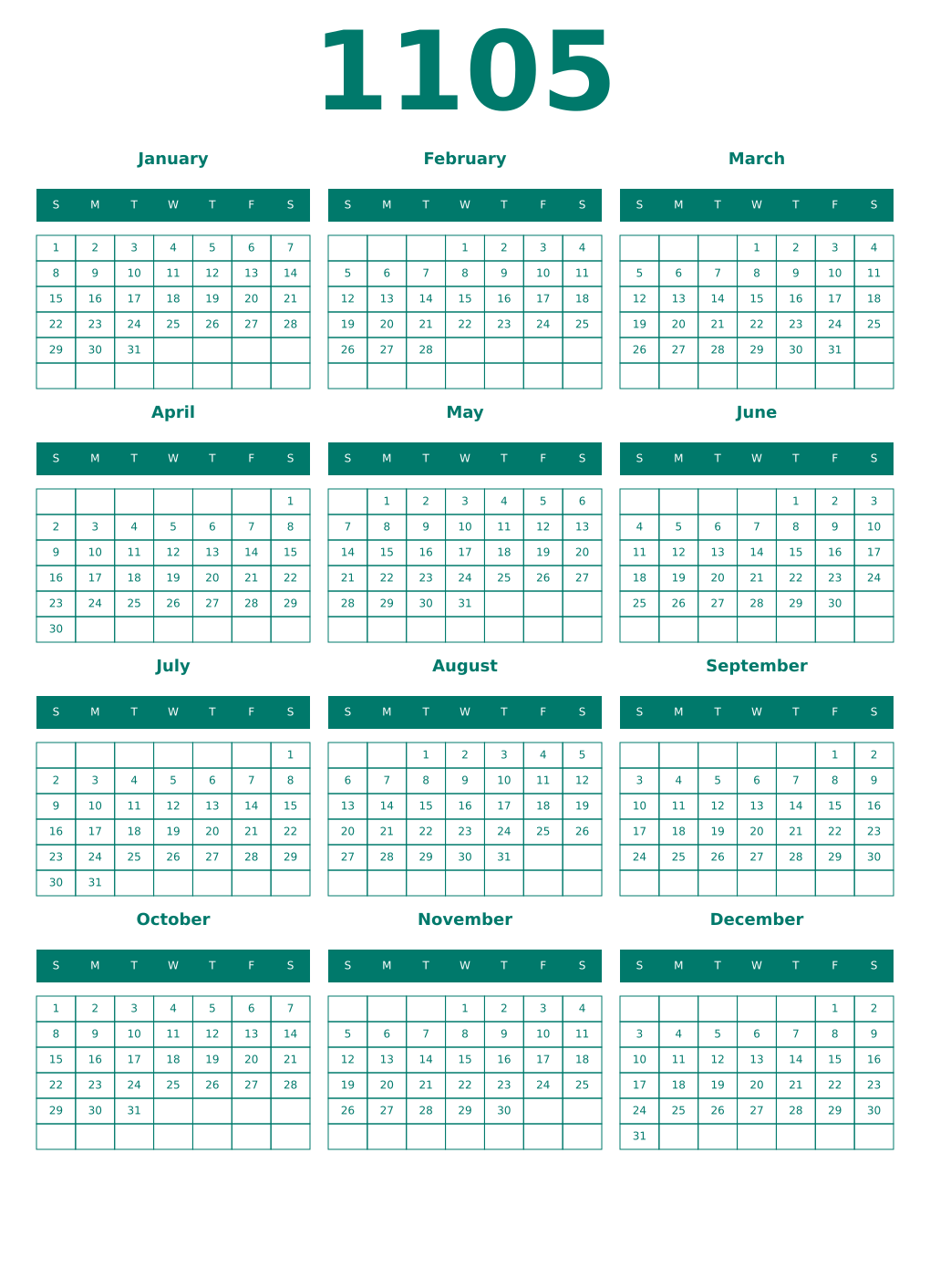 Printable 1105 Year Calendars pastel