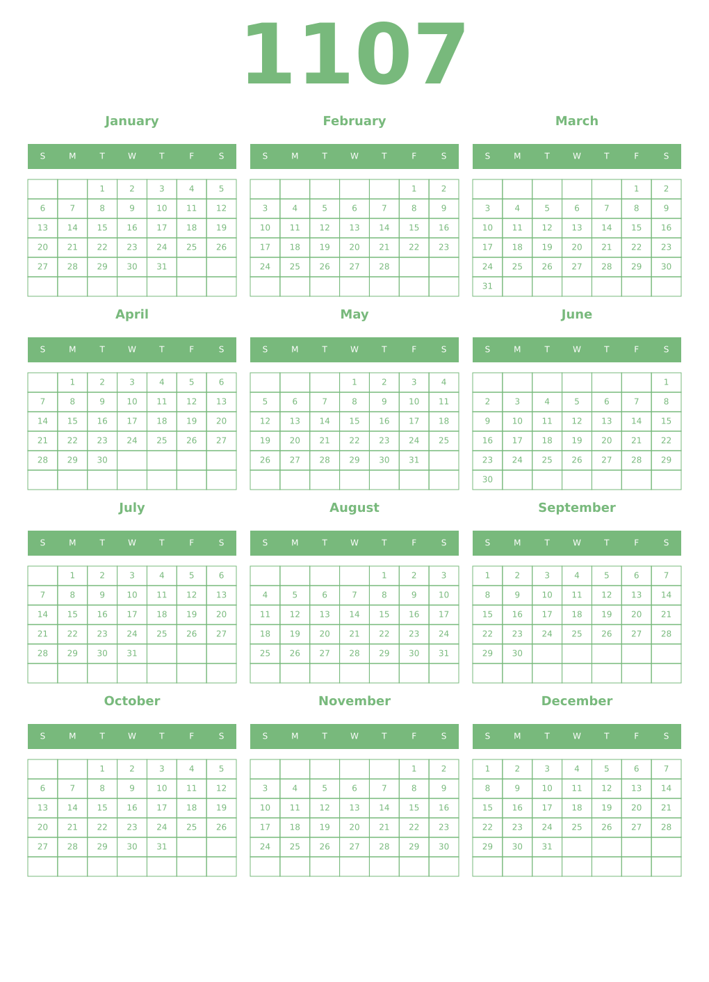 Printable 1107 Year Calendars celadon