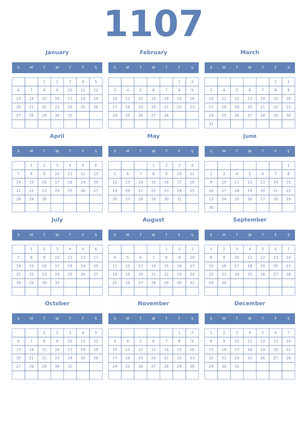 Printable 1107 Year Calendars glaucous