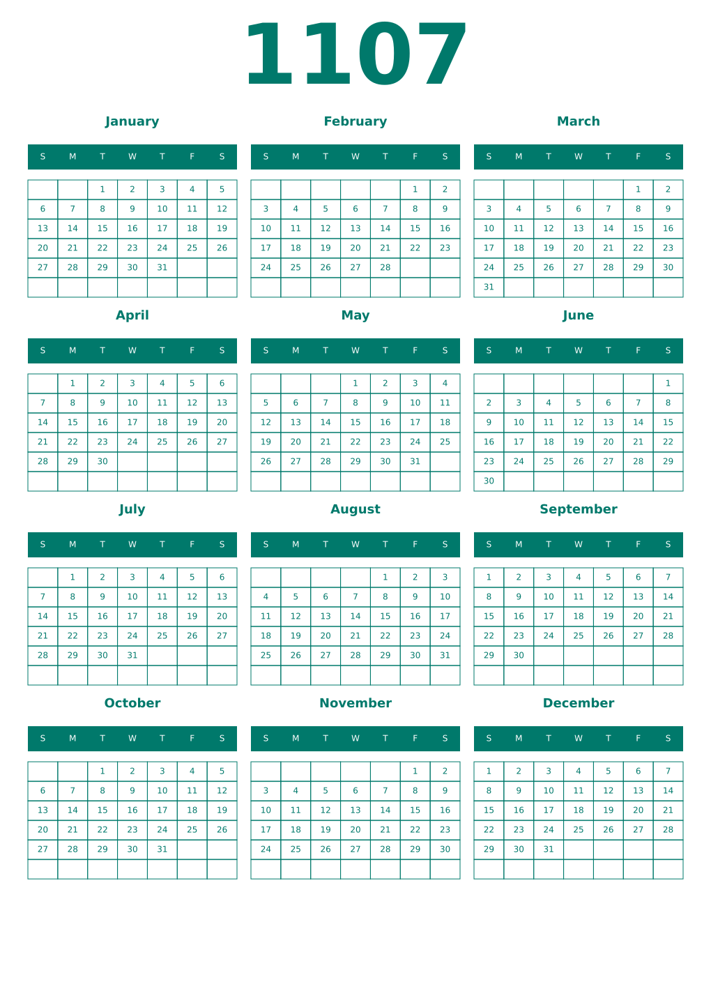 Printable 1107 Year Calendars pastel