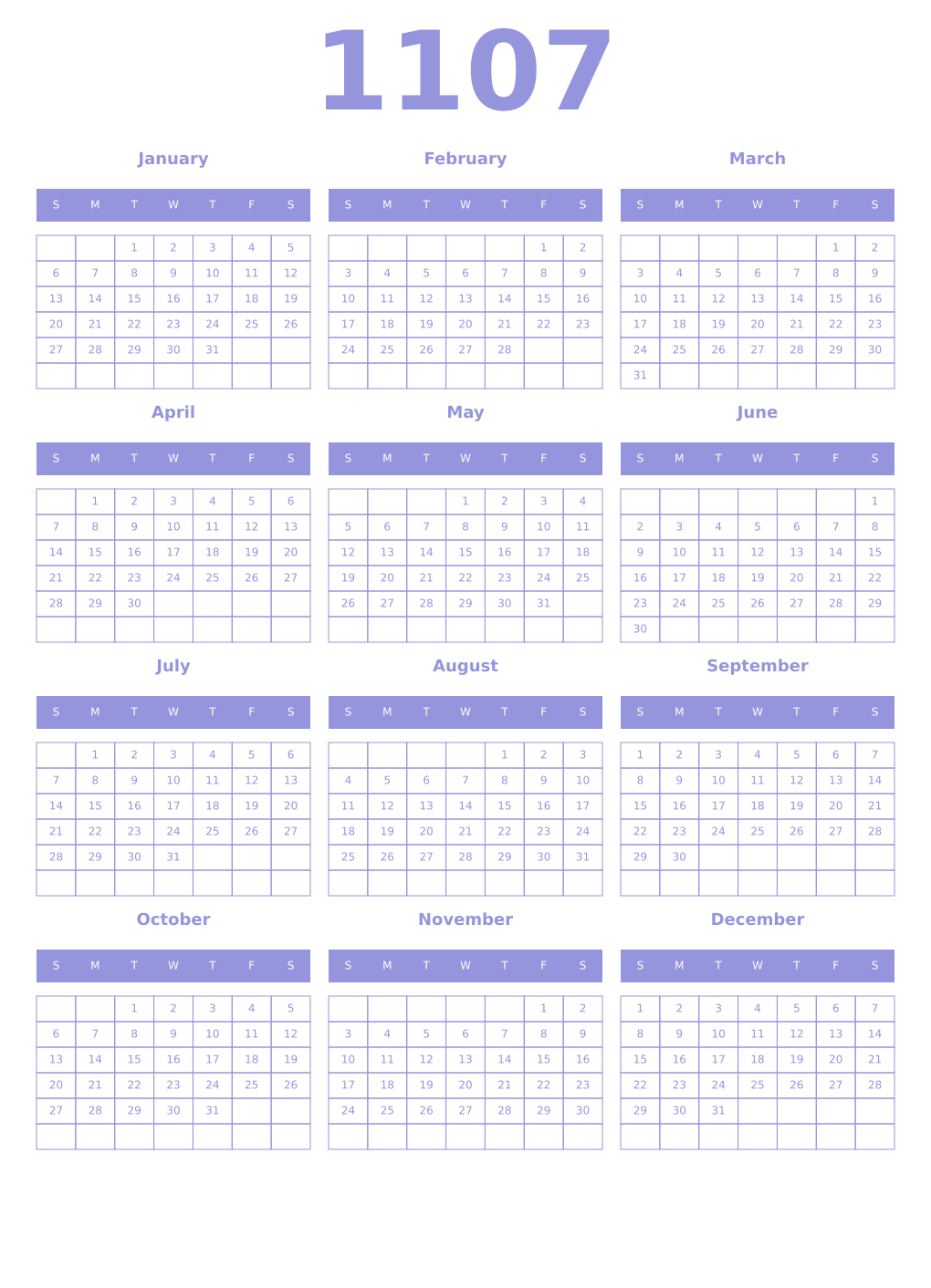Printable 1107 Year Calendars periwinkle