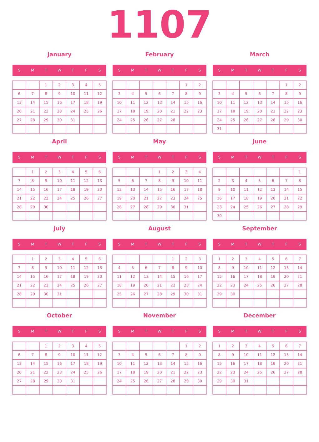 Printable 1107 Year Calendars pink