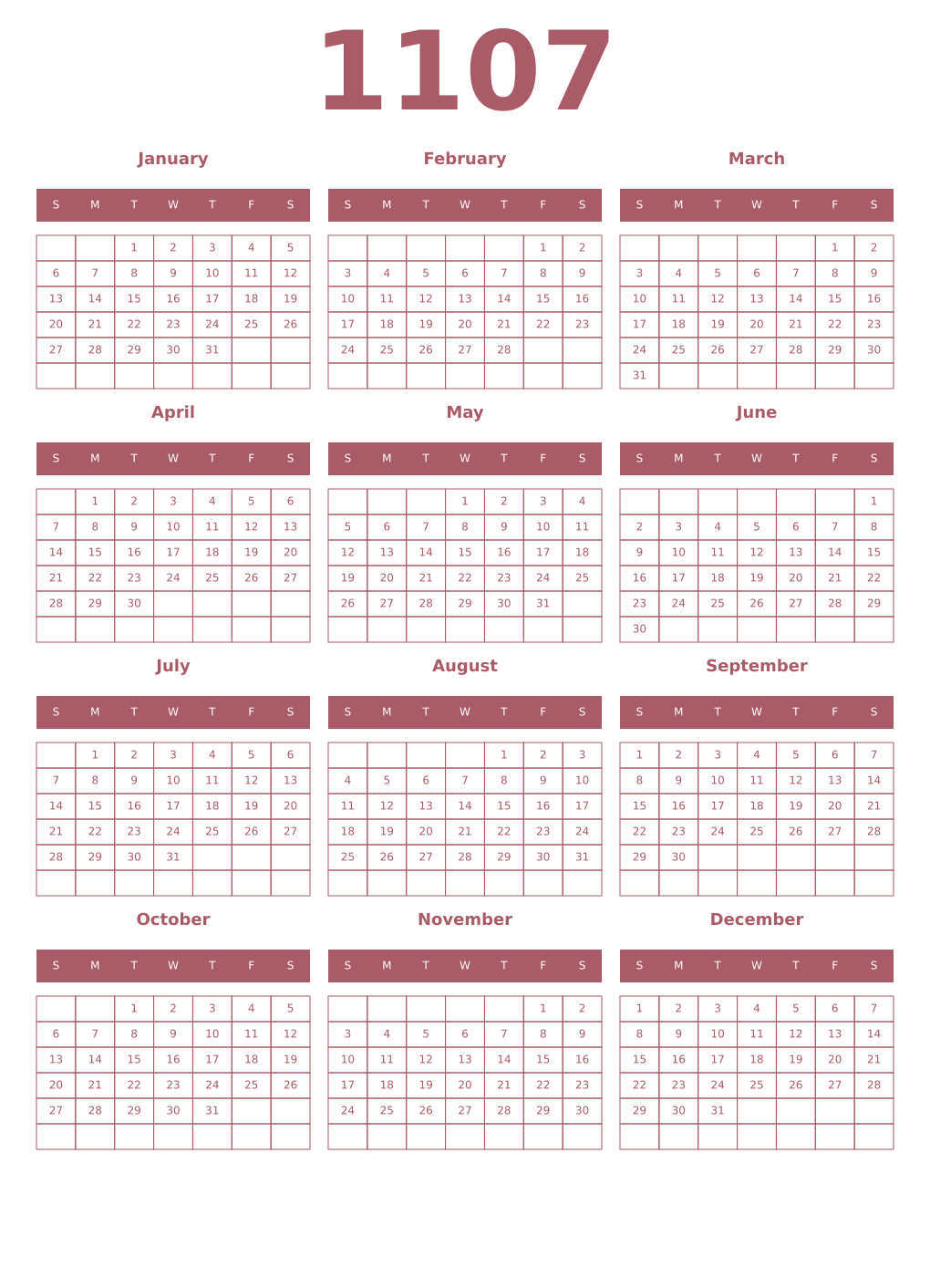 Printable 1107 Year Calendars puce