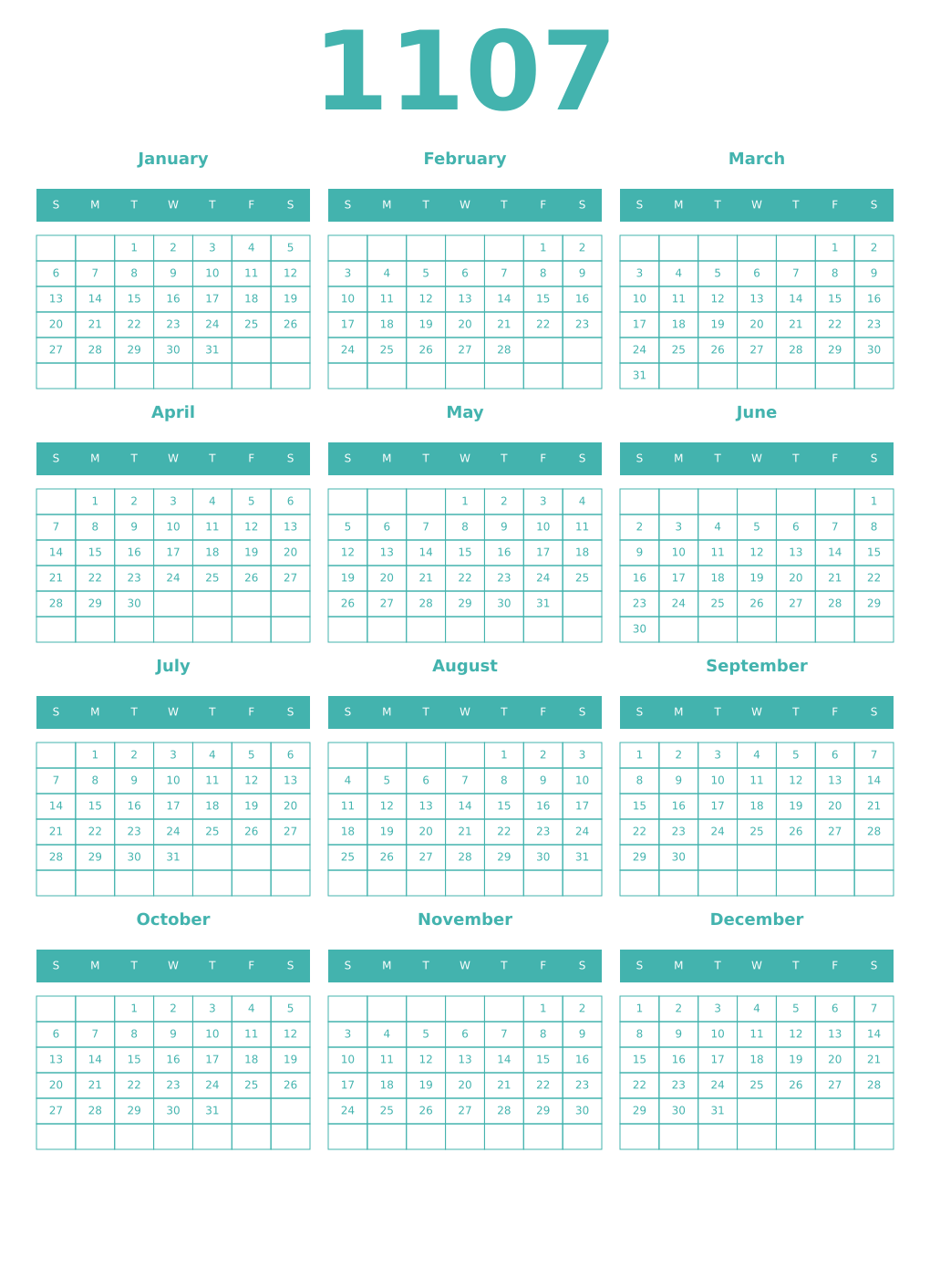 Printable 1107 Year Calendars verdigris