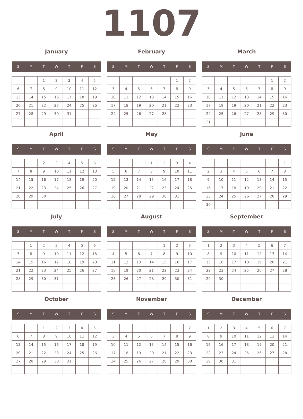Printable 1107 Year Calendars wenge