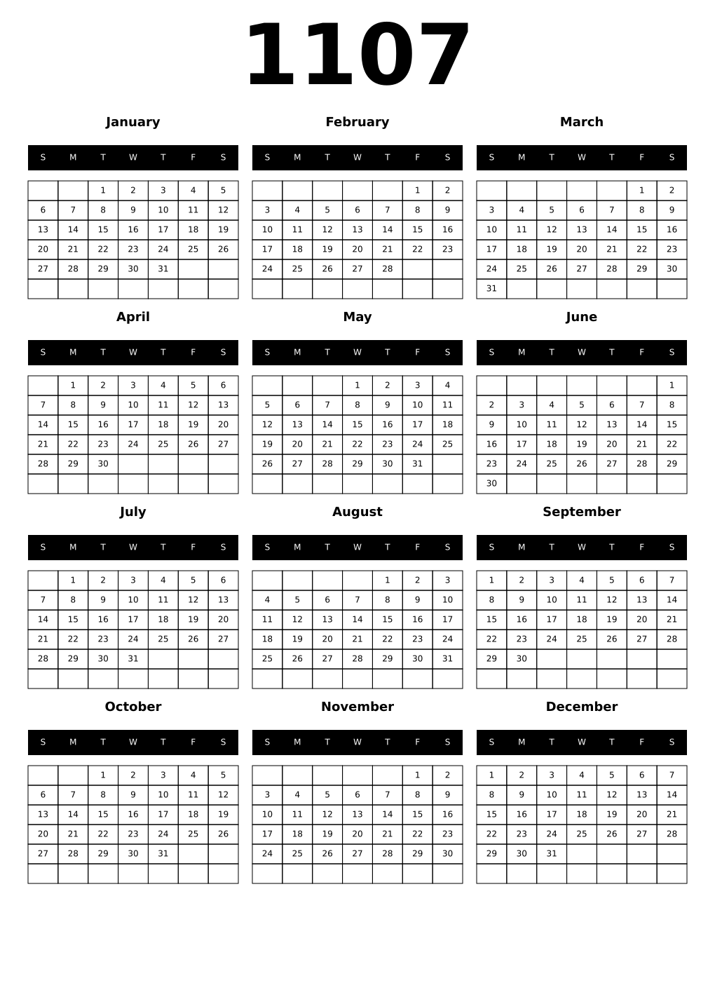 Printable 1107 Calendars
