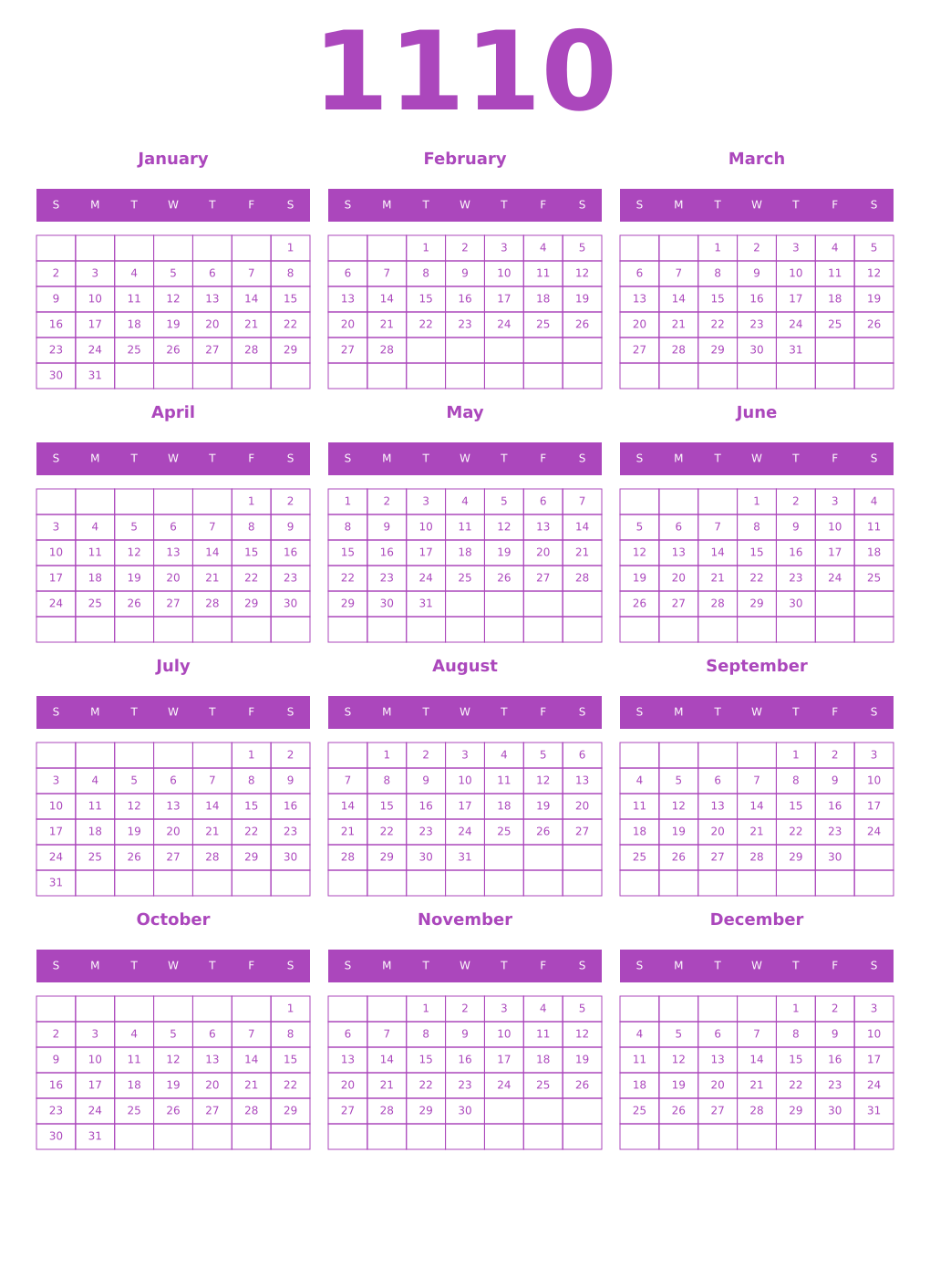 Printable 1110 Year Calendars purple