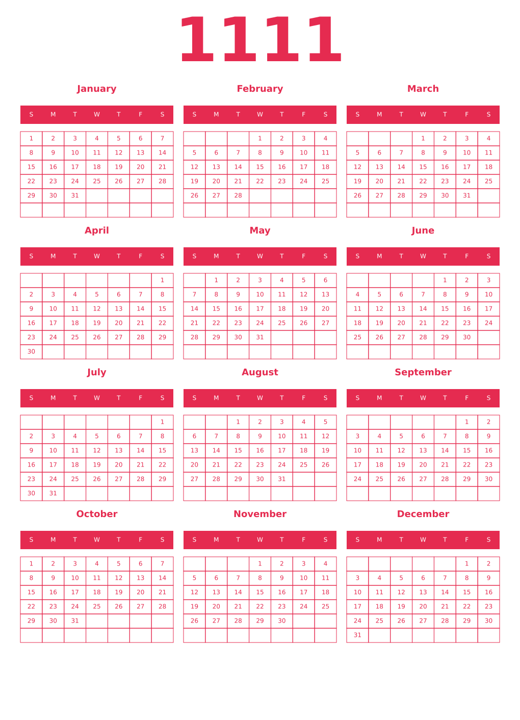 Printable 1111 Year Calendars amaranth