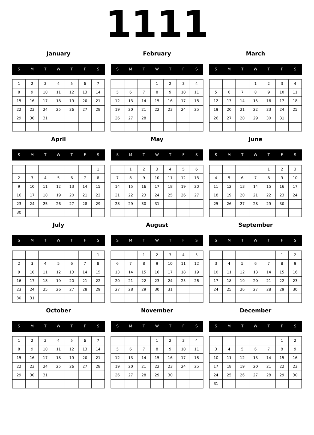 Printable 1111 Year Calendars black