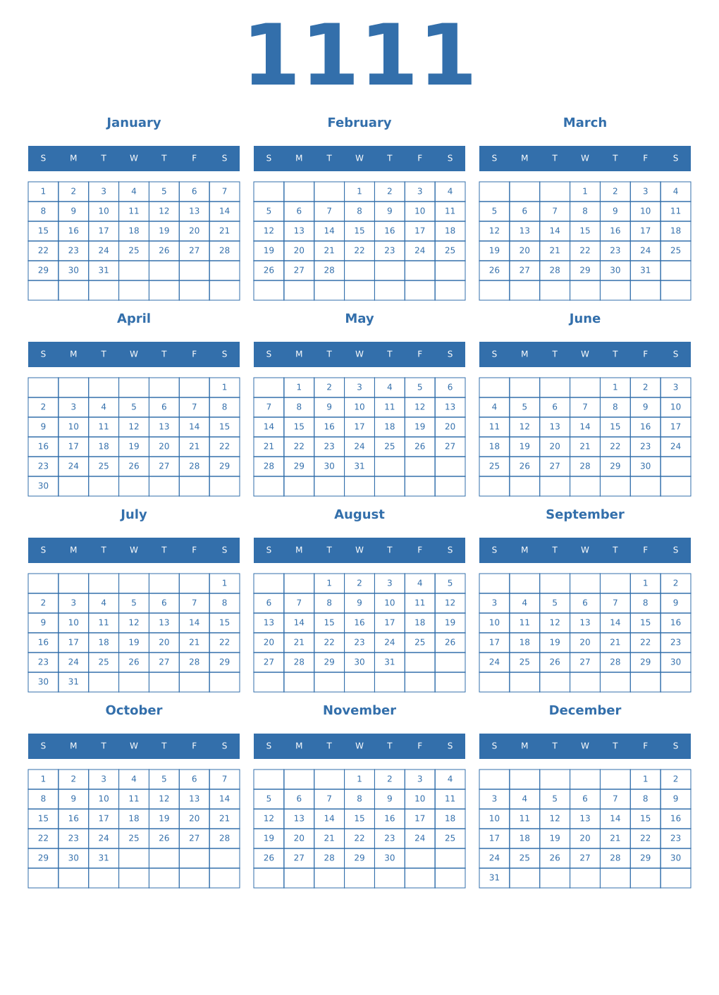 Printable 1111 Year Calendars blue