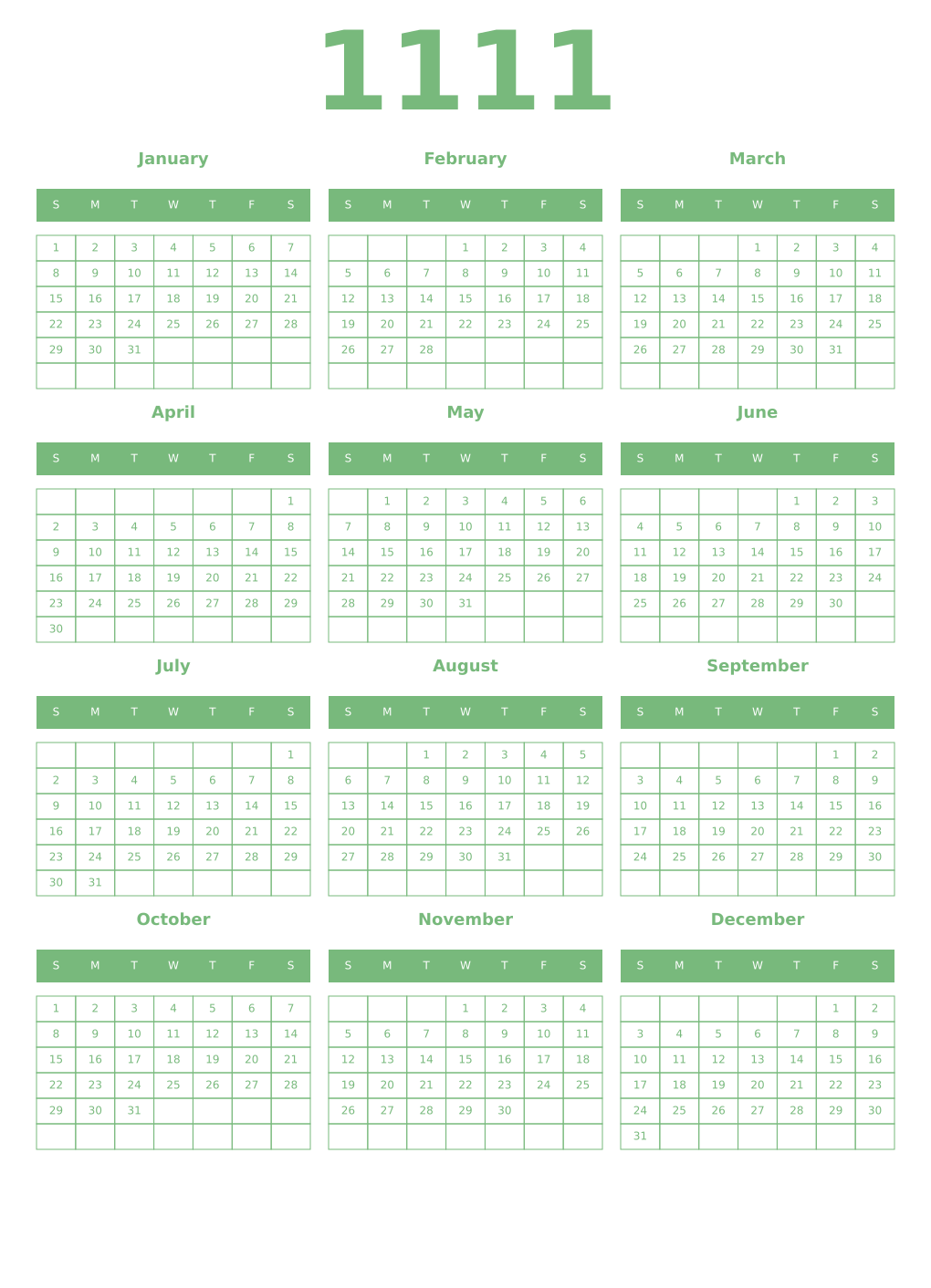 Printable 1111 Year Calendars celadon
