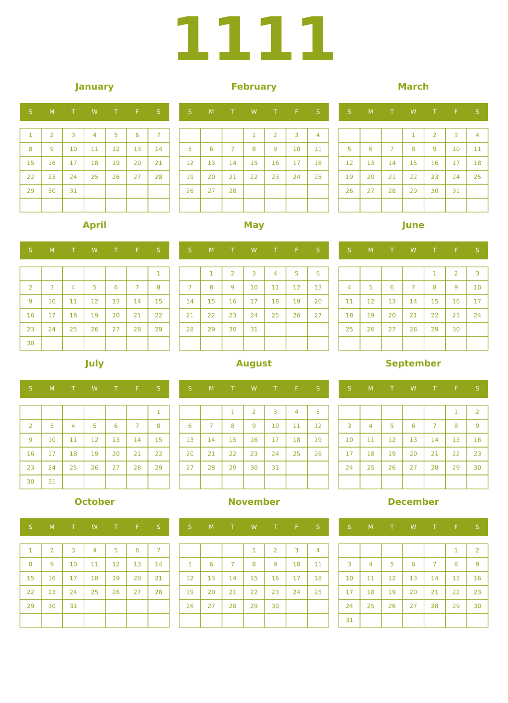 Printable 1111 Year Calendars chartreuse
