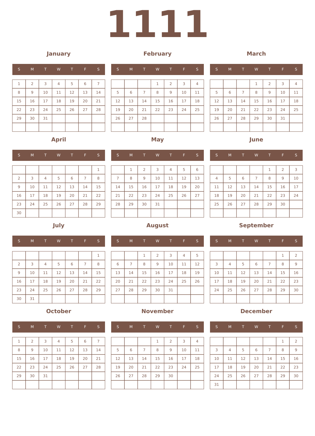 Printable 1111 Year Calendars coffe