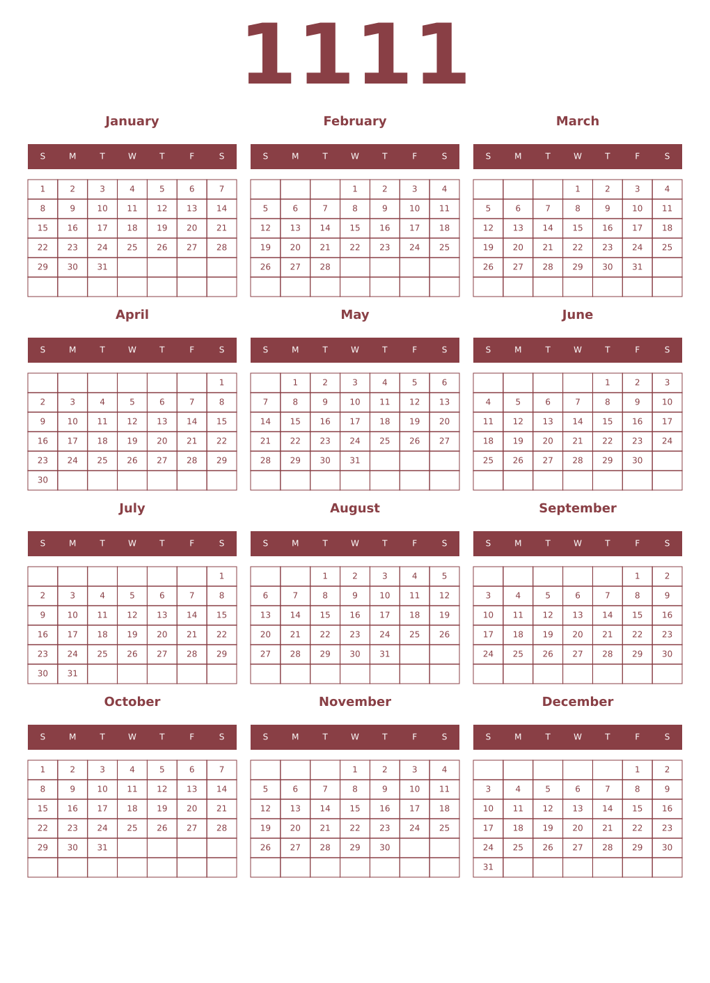 Printable 1111 Year Calendars cordovan